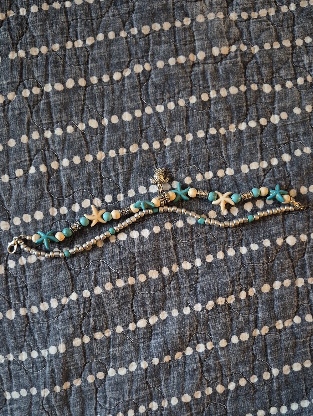 Turquoise and Cream Starfish And Silver Beaded Bracelet Set - Women Jewelry